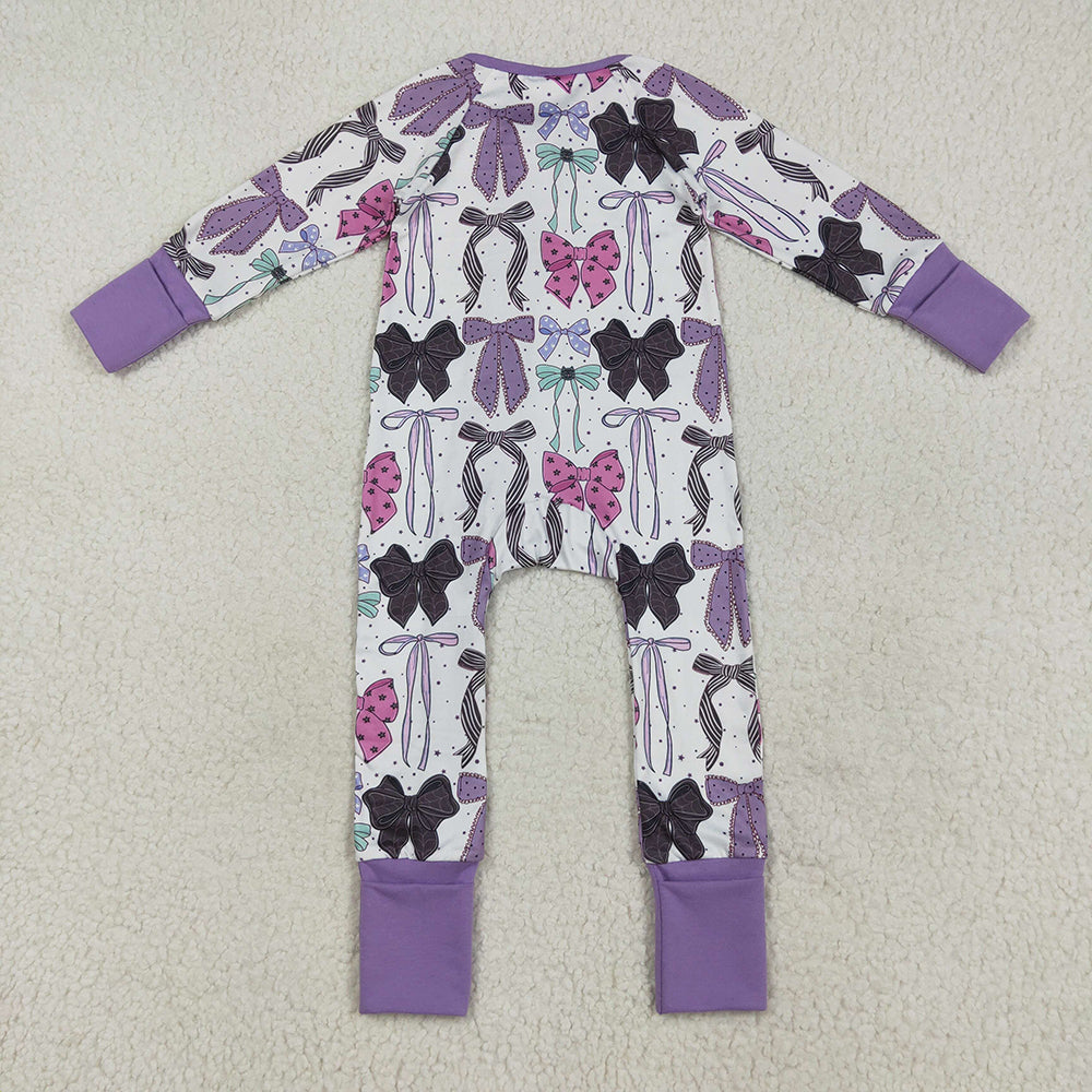 RTS NO MOQ （In stock）LR2358 Baby Girls Winter Rompers Baby Girls Long Sleeves Colorful Bows Zipper Rompers