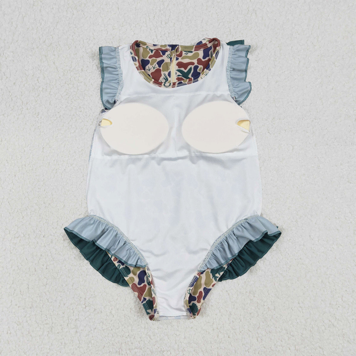 1.9 RTS NO MOQ （In stock）S0598 Baby Girls Dark Green Ducks Deer Camo Ruffle Swimsuits