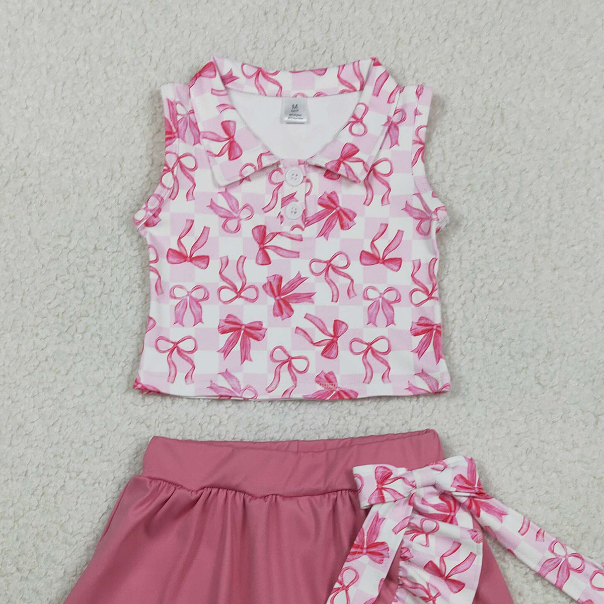 1.24 RTS NO MOQ （In stock）GSD3480 Baby Girls Bows Checked Button Top Ruffle Skirt Shorts Yoga Active Clothes Sets