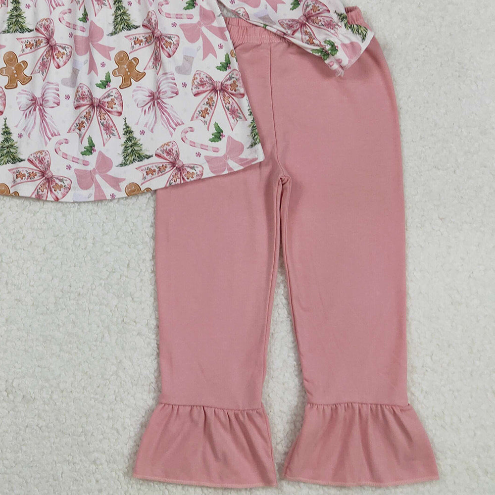RTS NO MOQ （In stock）GLP2541 Baby Girls Winter Outfits Pink Bow Gingerbread Tunic Pants Set Christmas Theme Clothing for Kids