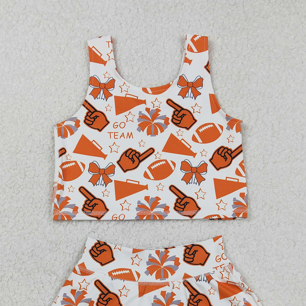 RTS NO MOQ （In stock）GSD2695 Baby Girls Yoga Sets Baby Girls Team Yellow Footballs T Vest Top Short Skirts Yoga Set