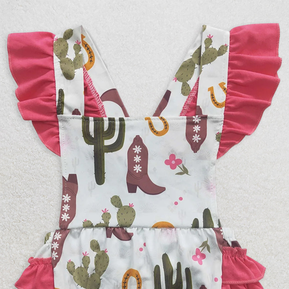 SR0384 RTS NO MOQ Baby Girls Summer Rompers Baby Girls Cactus Ruffles Western Rompers