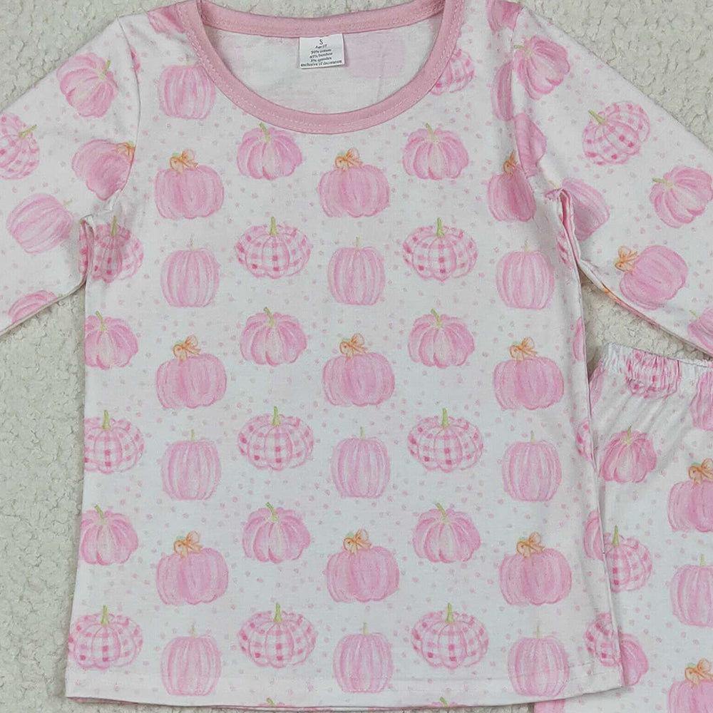 RTS NO MOQ （In stock） GLP1188 Baby Girls Winter Outfits Pink pumpkin long sleeves girls fall pajamas