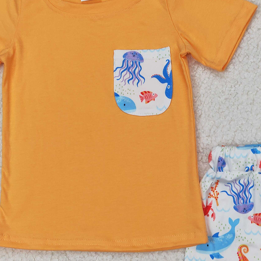 4.17 BSSO1299 RTS NO MOQ Baby Boys Orange Short Sleeves Pocket Top Sea World Short Set