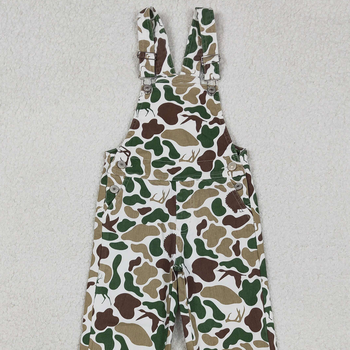 11.5 RTS NO MOQ （In stock）P0828 Baby Boys Deer Ducks Turkey Camo Hunting Denim Jumpsuits