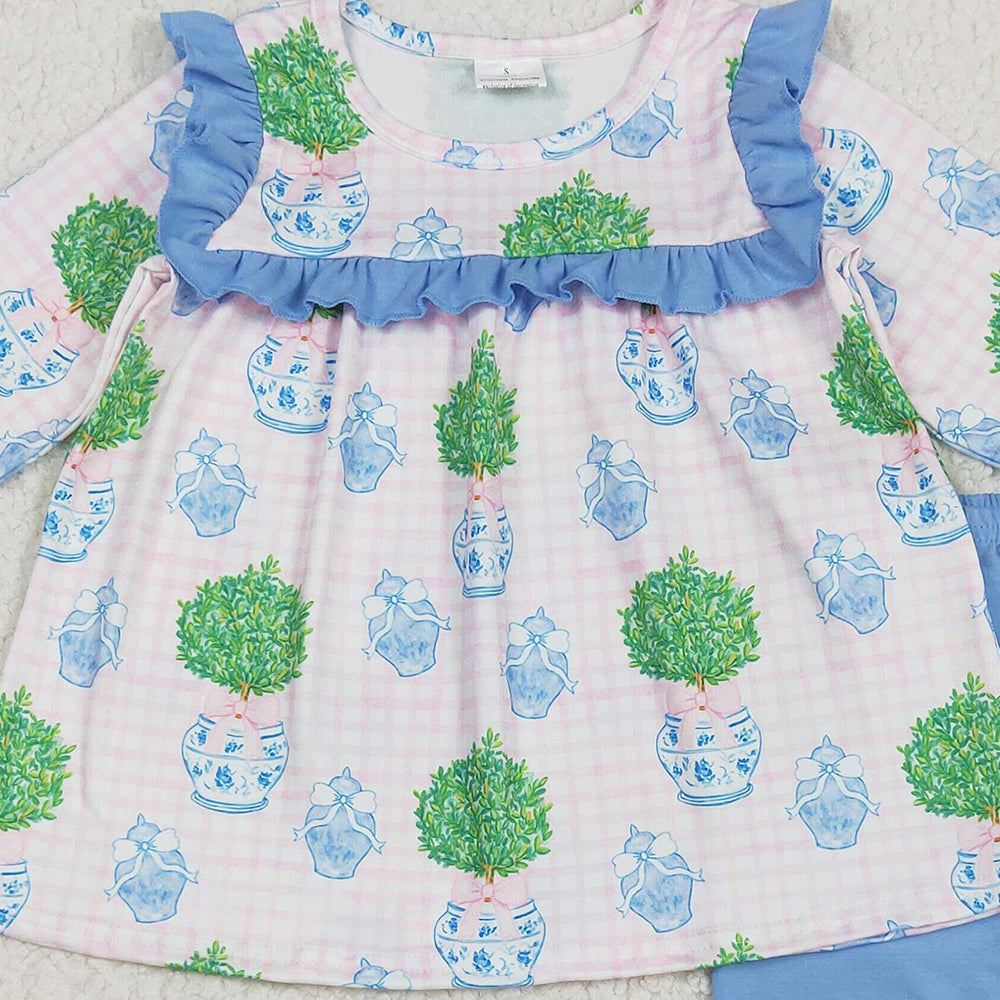 RTS NO MOQ （In stock）GLP2396 Baby Girls Winter Outfits Baby Girls Pink Long Sleeves Plants Tunic Blue Ruffle Pants Sets