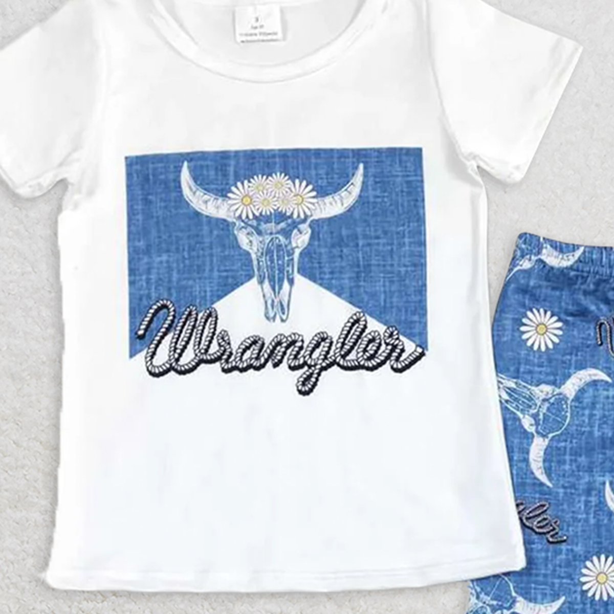 GSPO1287 RTS NO MOQ Baby Girls Spring Outfits Wrangler alpine bull head white short-sleeved floral blue trousers suit