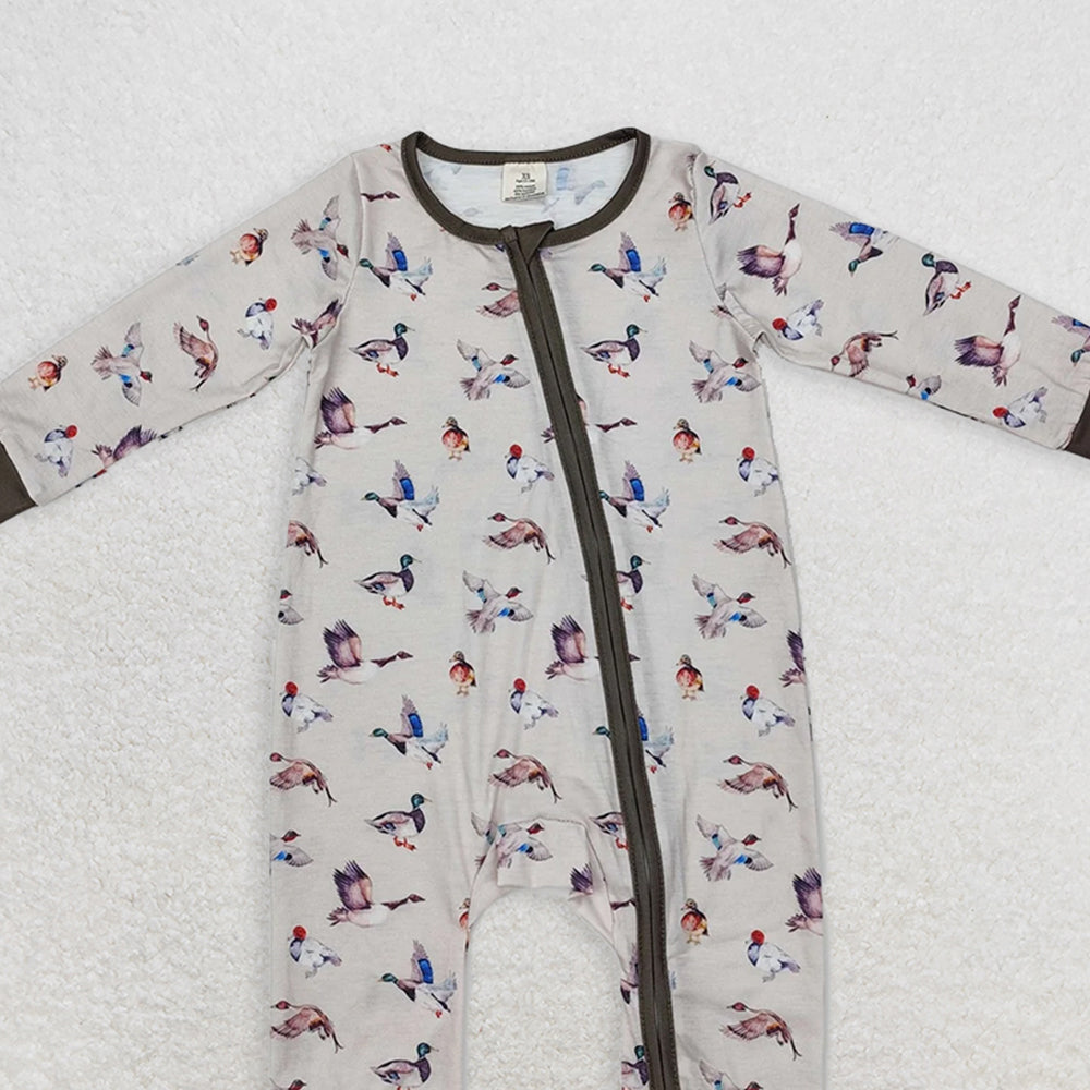 LR1880 RTS NO MOQ Baby Boys Winter Rompers Baby Infant Boys Grey Fall Ducks Hunting Zip Rompers preorder