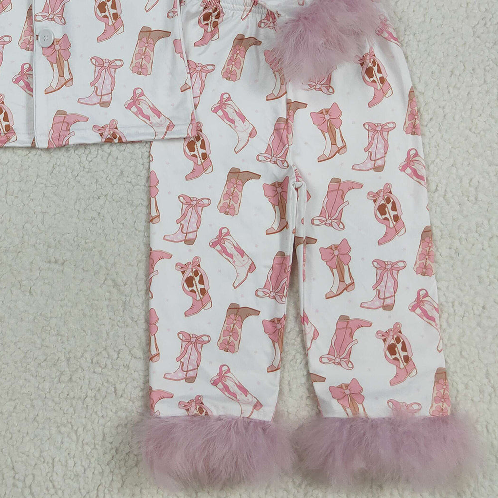 8.23 RTS NO MOQ （In stock）GLP2359 Baby Girls Winter Outfits Baby Girls Pink Fur Sleeves Bows Boots Plaid Button Top Pant Pajamas Set