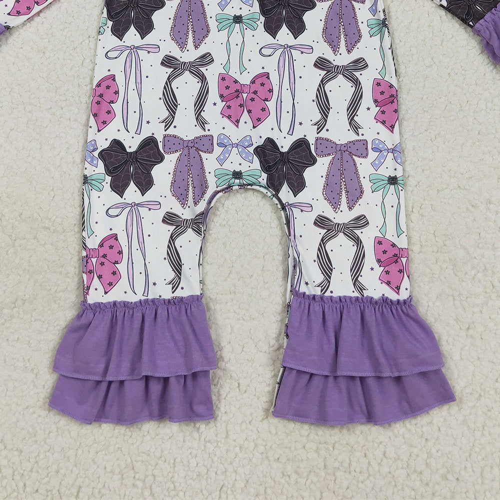 RTS NO MOQ （In stock）LR2355 Baby Girls Winter Rompers Baby Girls Long Ruffle Sleeves Purple Bows Button Pant Rompers
