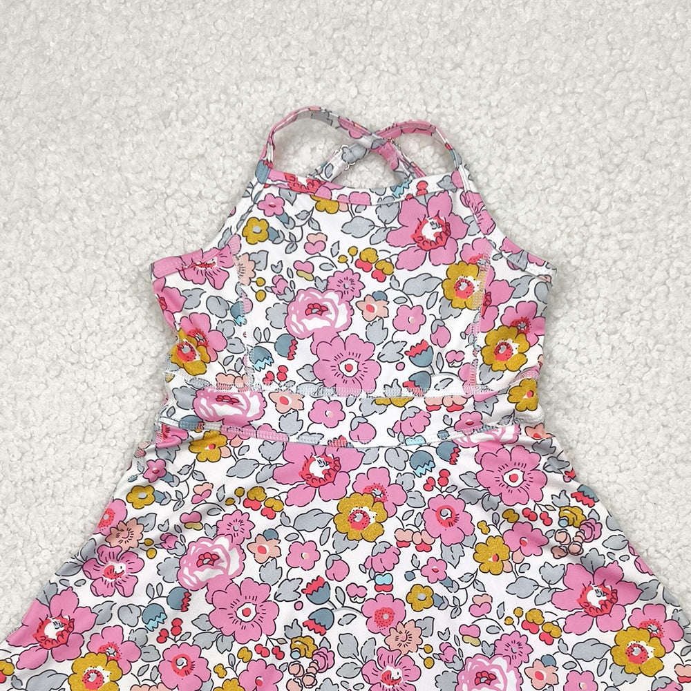4.11 GSD2278 RTS NO MOQ Baby Girls Summer Yoga Dress Straps pink floral ruffle kids girls athletic dresses
