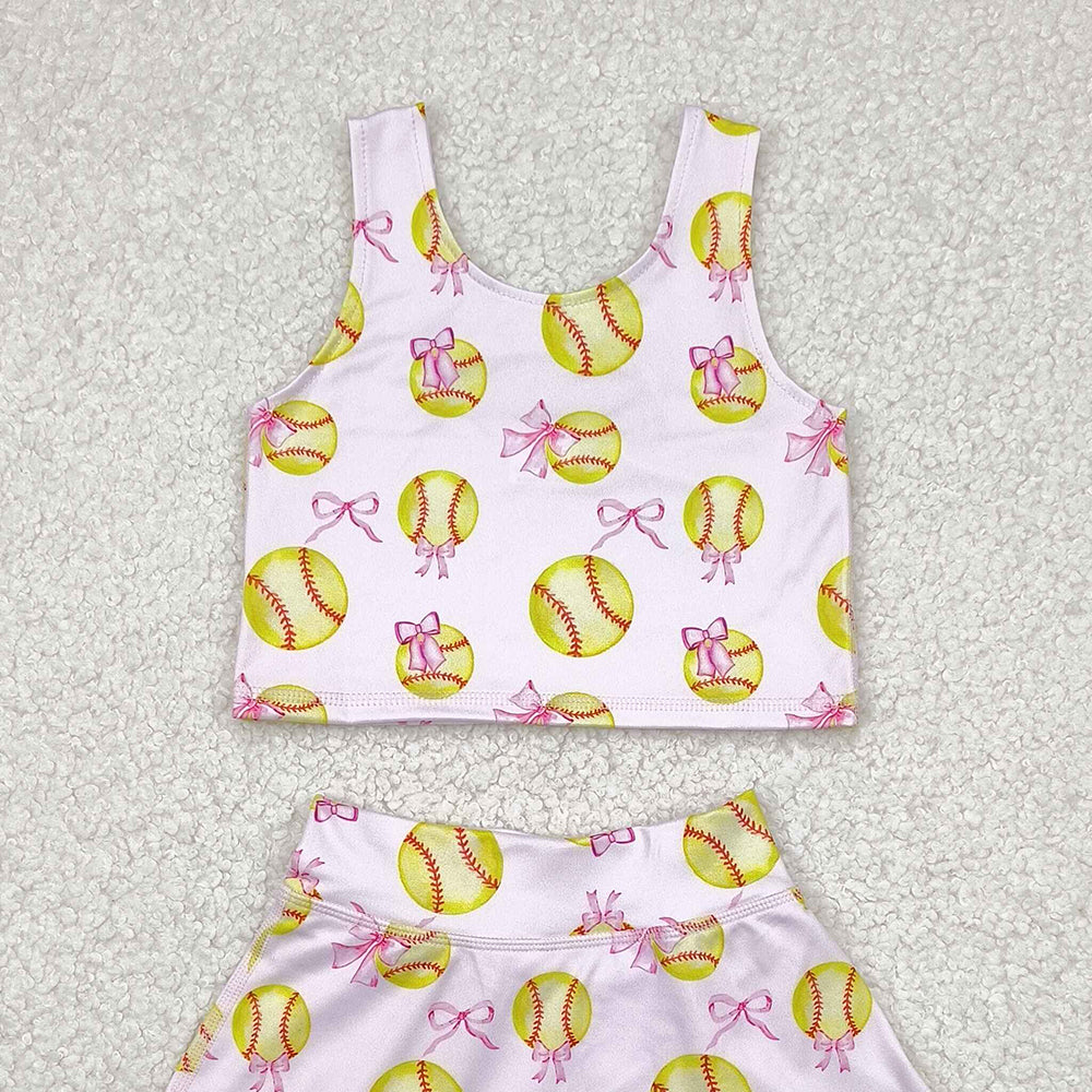 5.16  GSD2045 RTS NO MOQ Baby Girls Yoga Outfits Sleeveless softball bow top skirt girls active wear set