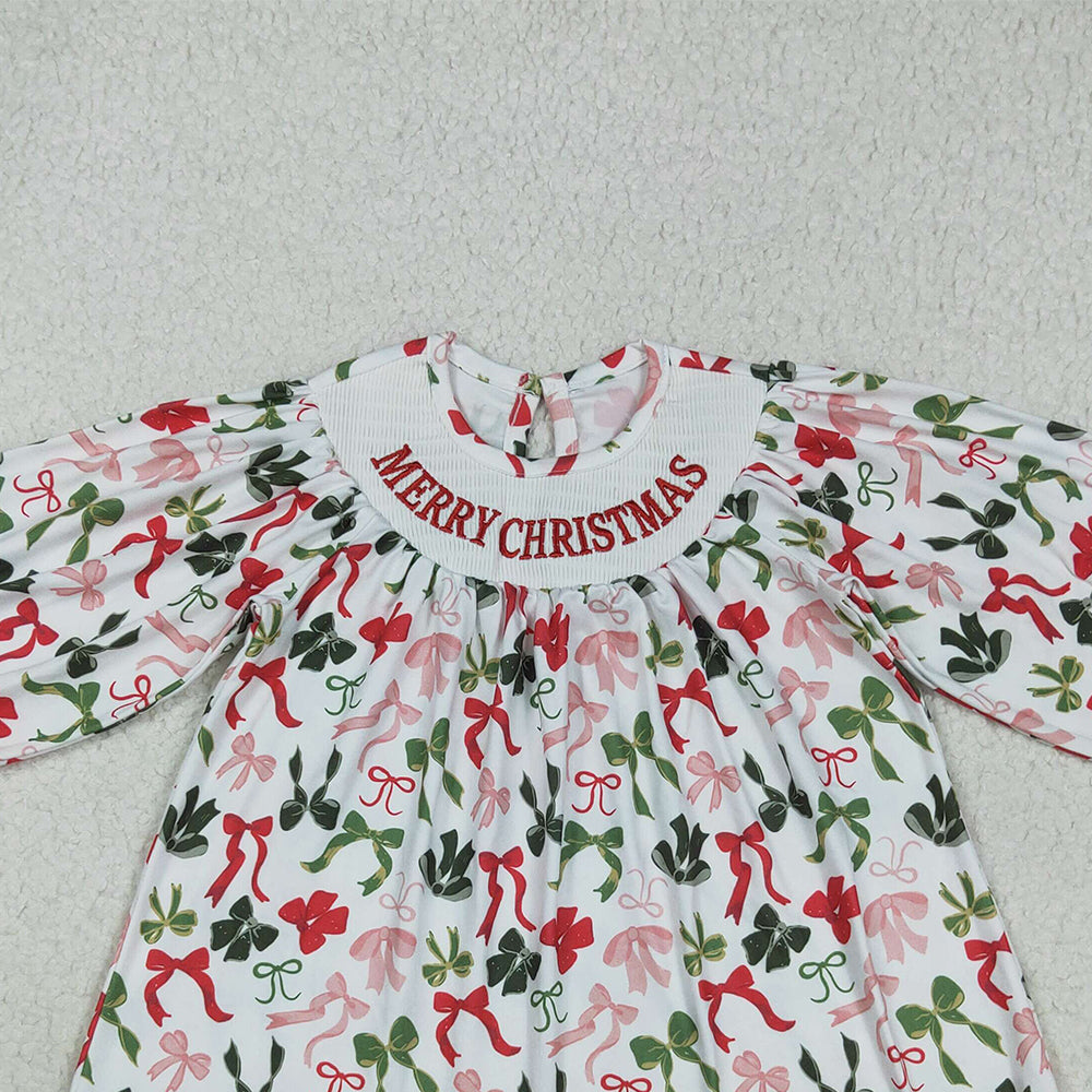 RTS NO MOQ （In stock）GLD1094 Baby Girls Winter Dress Baby Girls Smocked Embroidery Merry Christmas Colorful Bows Knee Length Dresses