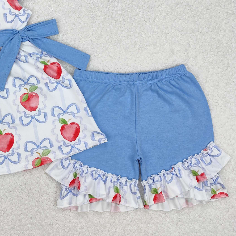 GSSO2114Kids Girls Apple Bow Flutter Sleeve Outfit Back to School Ensemble for Ages 2-12