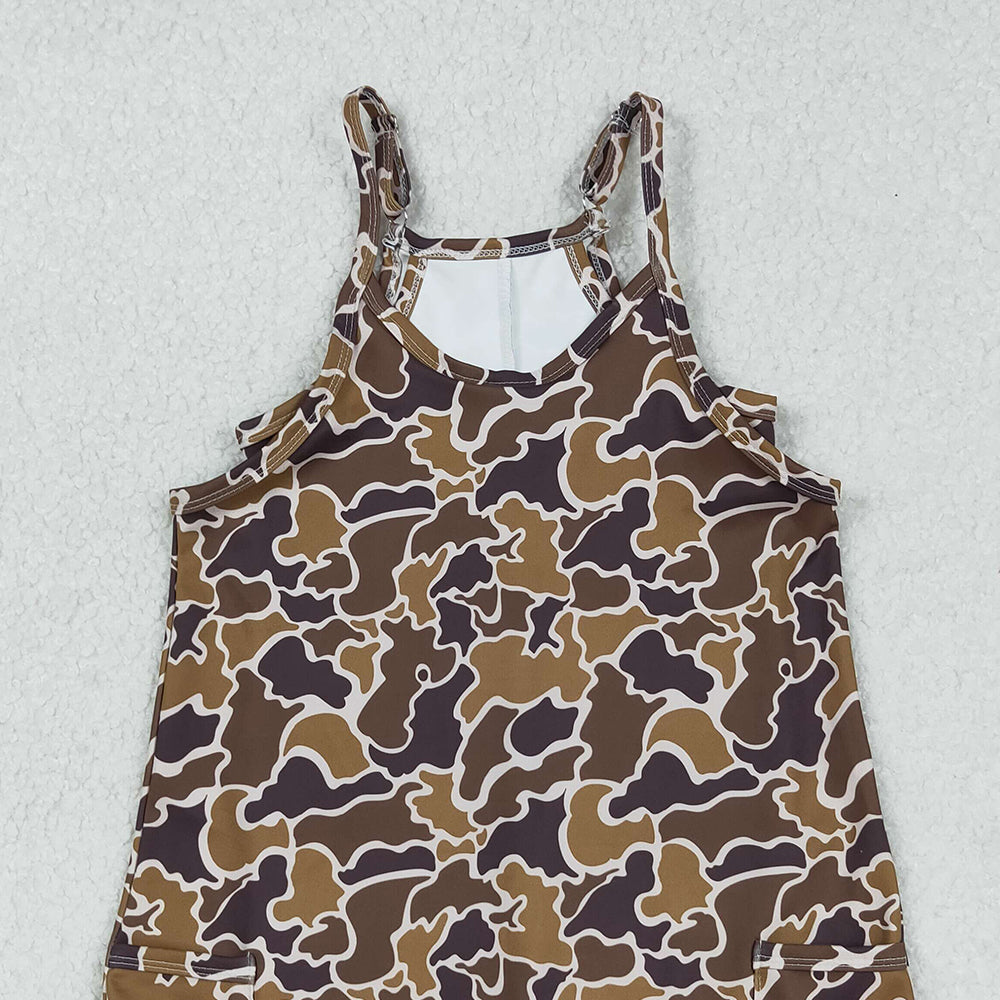 RTS NO MOQ （In stock）GSD2722 Baby Girls Yoga Dress Strap Brown Camo Pockets Yoga Active Knee Length Dresses
