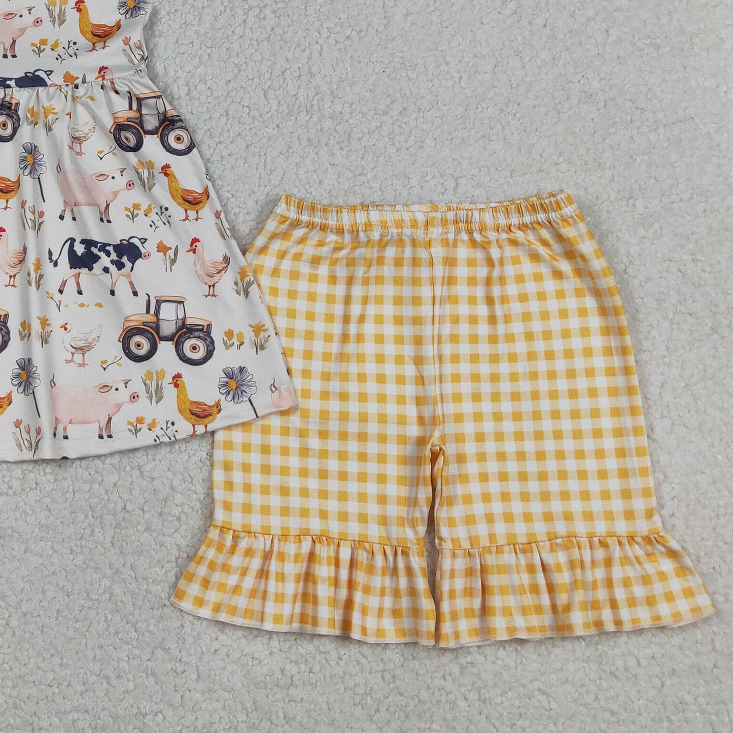 GSSO3071 RTS NO MOQ （In stock ）Sleeveless farm ruffle tunic yellow plaid shorts girls outfits