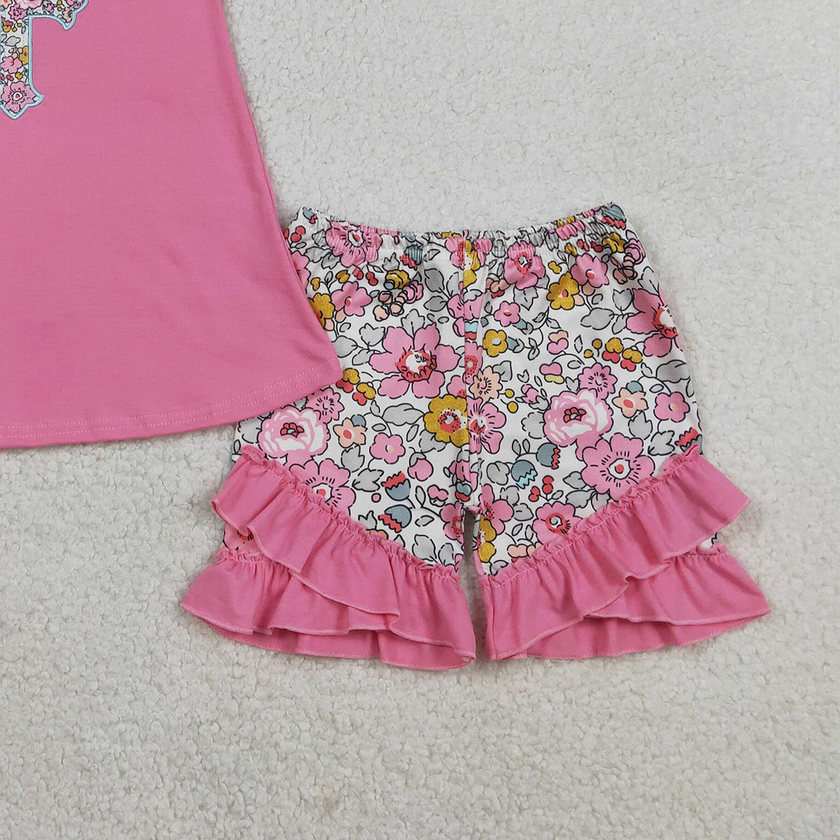 1.26 RTS NO MOQ （In stock）GSSO3069 Embroidery Floral Crosses Baby Girls Tunic Ruffle Shorts Easter Clothes Sets