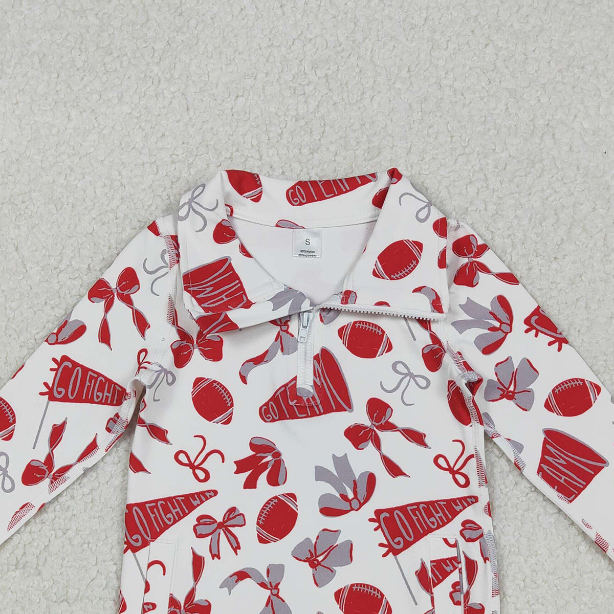 10.30 RTS NO MOQ （In stock）GT1198 Baby Girls Long Sleeve Tops Baby Girls Red Bows Footballs Go Team Yoga Active Zipper Pullovers Top
