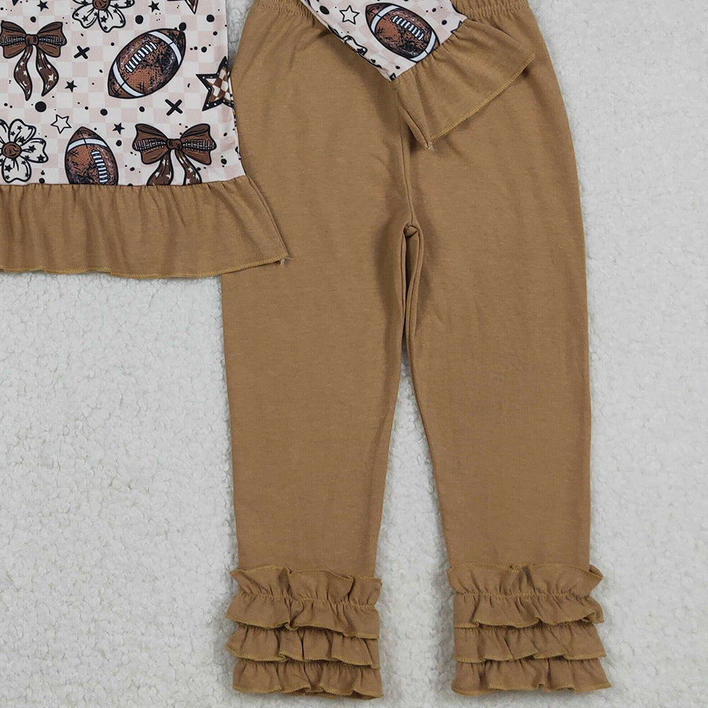RTS NO MOQ （In stock）GLP2690 Baby Girls Winter Outfits Footballs Bows Zipper Pullovers Legging Pants Team Sets