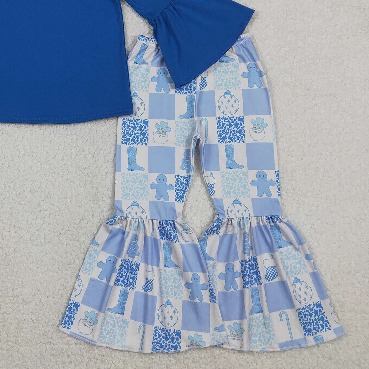 11.6 RTS NO MOQ （In stock）GLP3037 Baby Girls Blue Top Santa Gingerbread Bell Bottom Pant Christmas Clothes Set