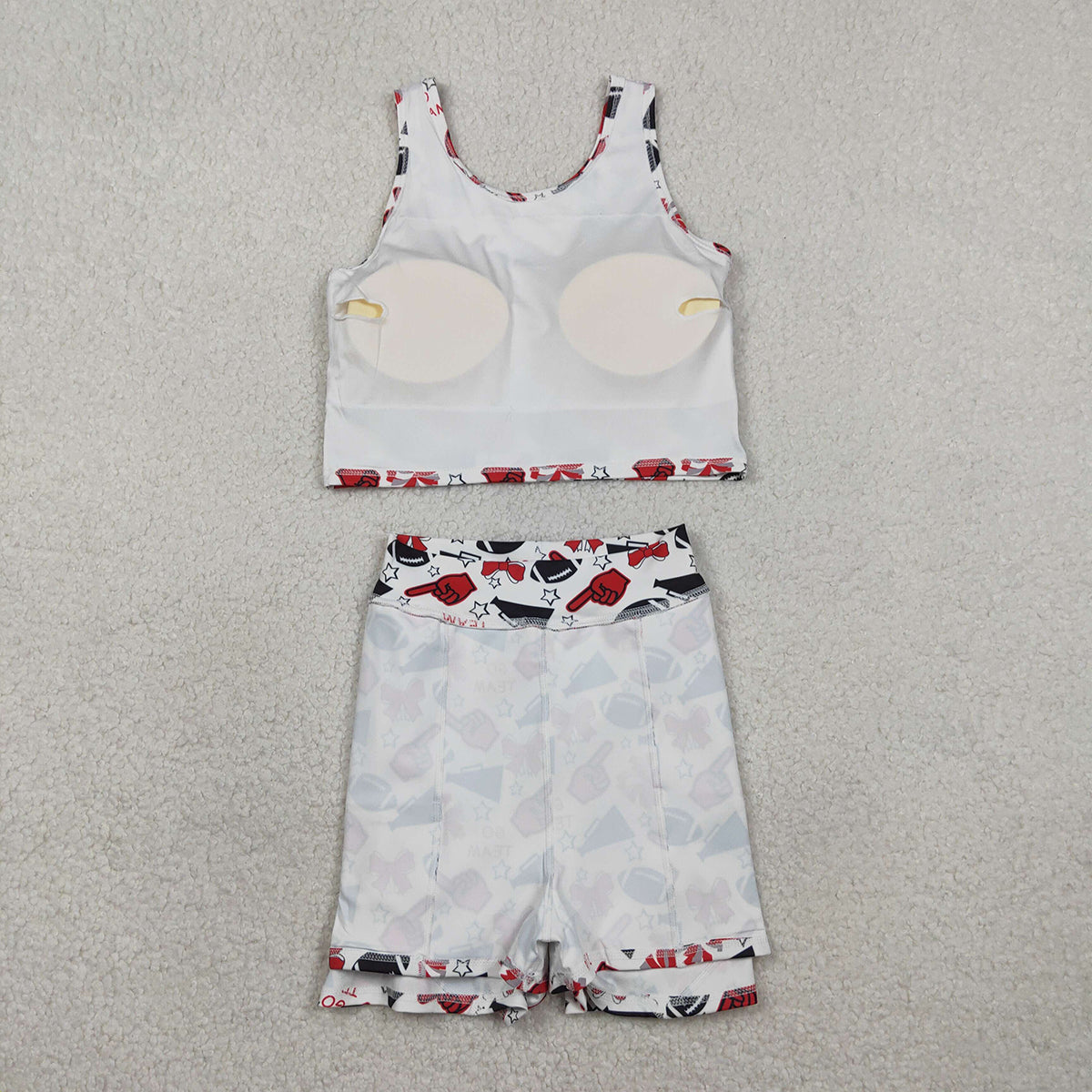 2.3 RTS NO MOQ （In stock）GSD2693 Baby Girls Team Red Football Bows Vest Top Short Skirts Yoga Sets