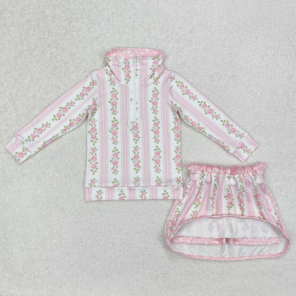USA Shop (in stock)GLD1002  Baby Girls Skirt Sets Baby Girls Pink Flowers Skort Set with Zip Top And Skirt Bottoms Outfit for Little Girls Cute Floral Print Clothing Set