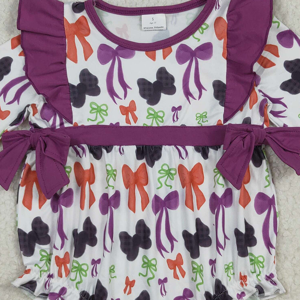 RTS NO MOQ （In stock）LR2285 Baby Girls Winter Rompers Baby Girls Halloween Colorful Purple Bows Ruffle Rompers