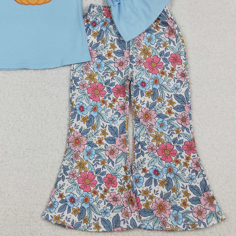 RTS NO MOQ （In stock）GLP2596 Baby Girls Winter Outfits Floral Pumpkins Top Bell Bottom Pant Sets