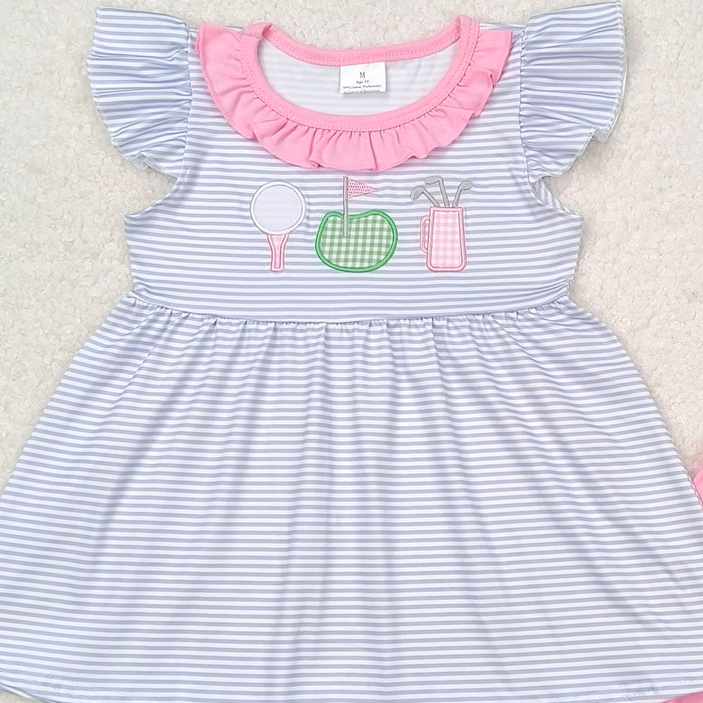 4.22 GSSO0767  RTS NO MOQ Flutter sleeves stripe golf tunic pink shorts girls clothes