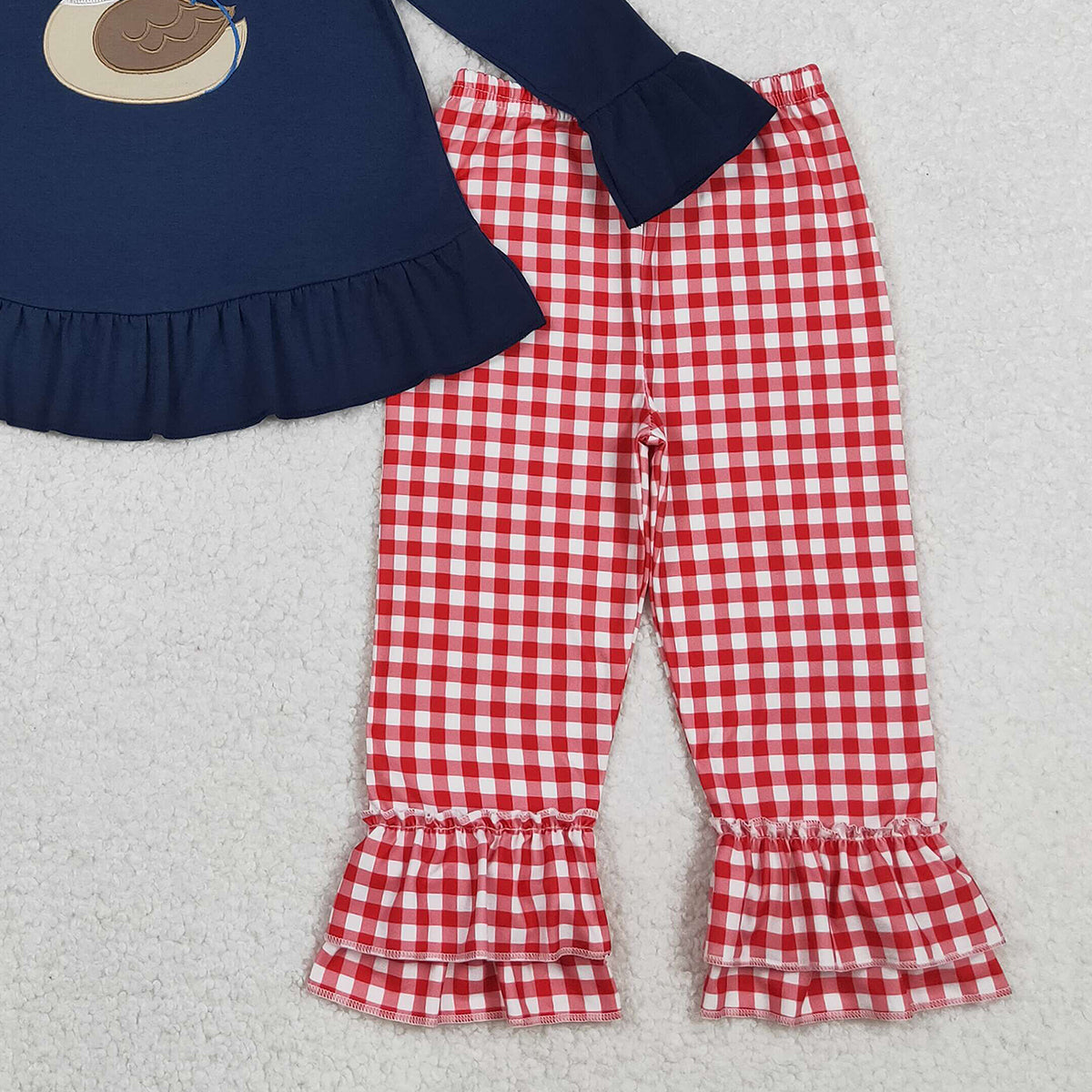 10.29 RTS NO MOQ （In stock）GLP2912 Embroidery Heart Ducks Baby Girls Navy Tunic Red Checked Pants Valentine Clothes Sets