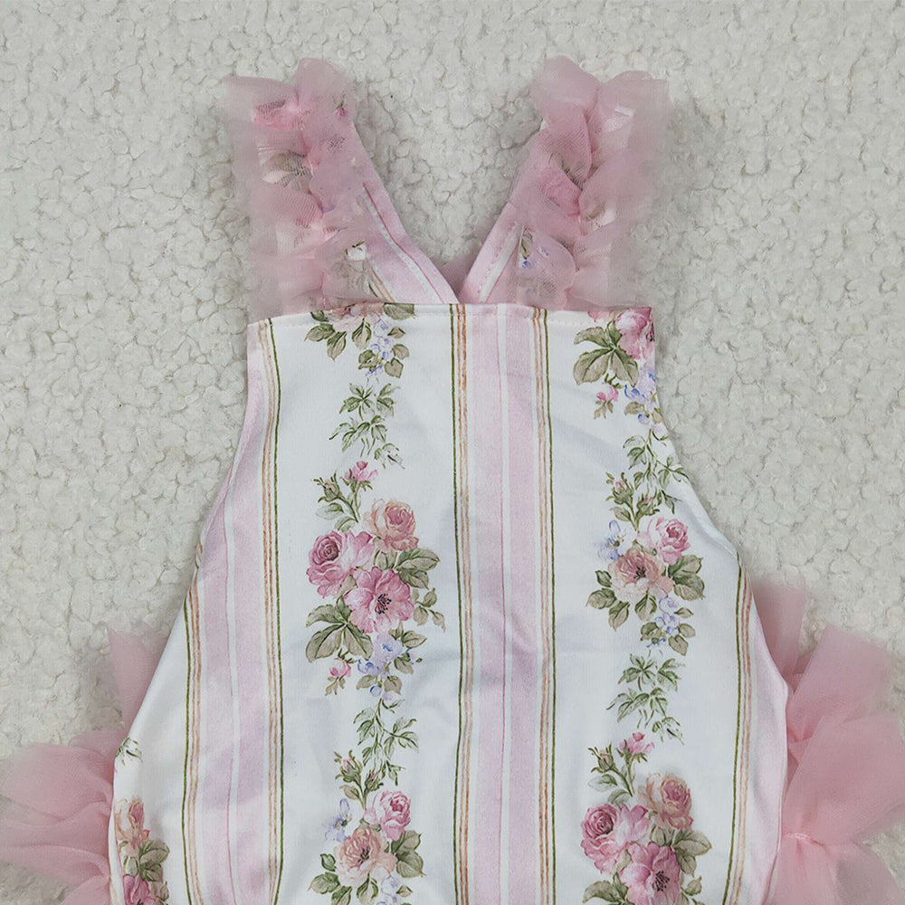 RTS NO MOQ （In stock）SR2964 Baby Girls Summer Rompers Baby Infant Girls Pink Tulle Strap Floral Stripe Ruffle Rompers