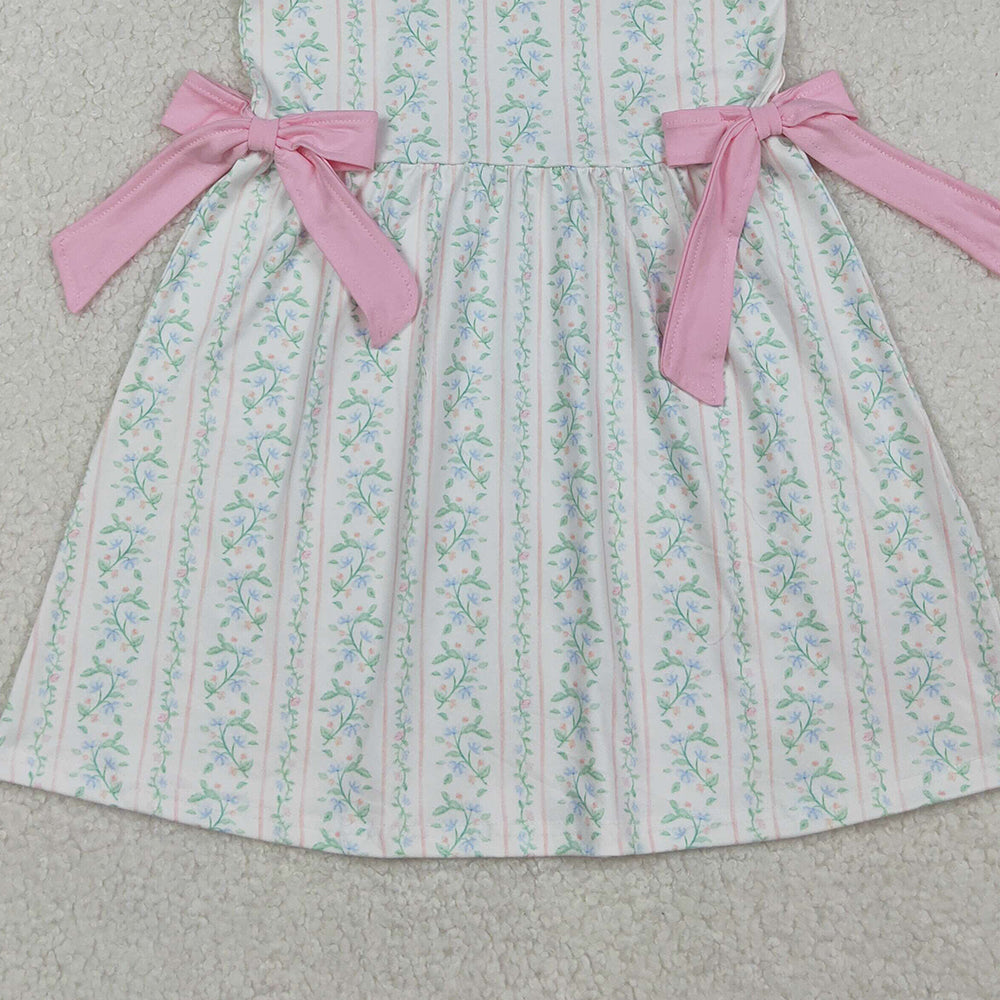 RTS NO MOQ （In stock）GSD2678  Baby Girls Summer Dress Pink Floral Stripe Bows Knee Length Dresses