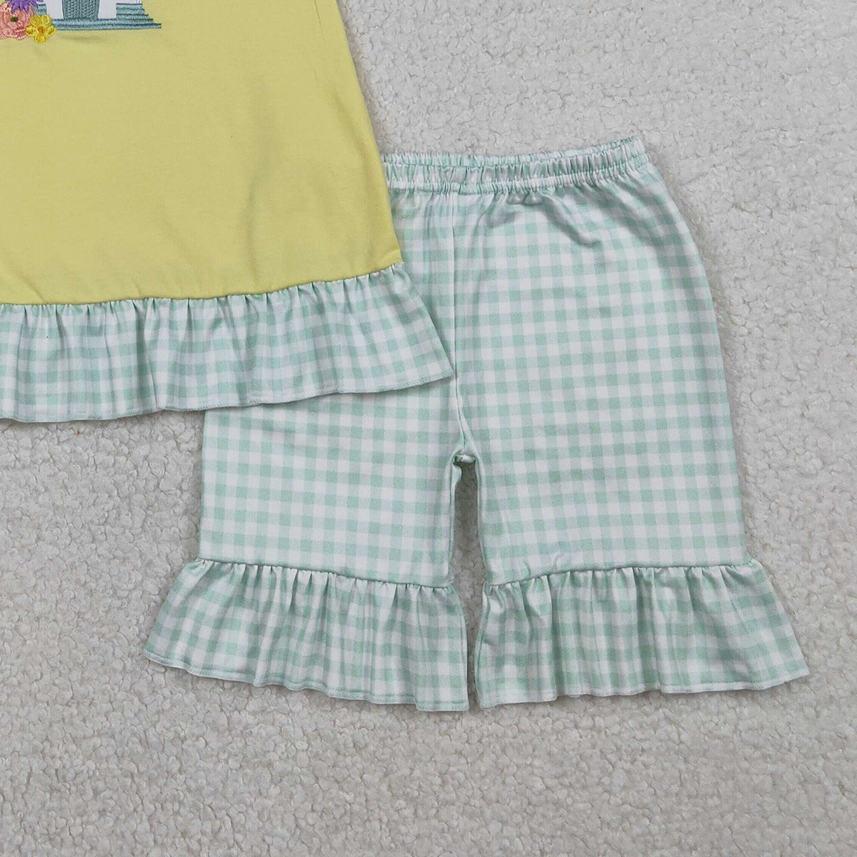 1.13 RTS NO MOQ （In stock）GSSO2966 Embroidery Church Cross Baby Girls Tunic Checked Ruffle Shorts Easter Clothes Sets
