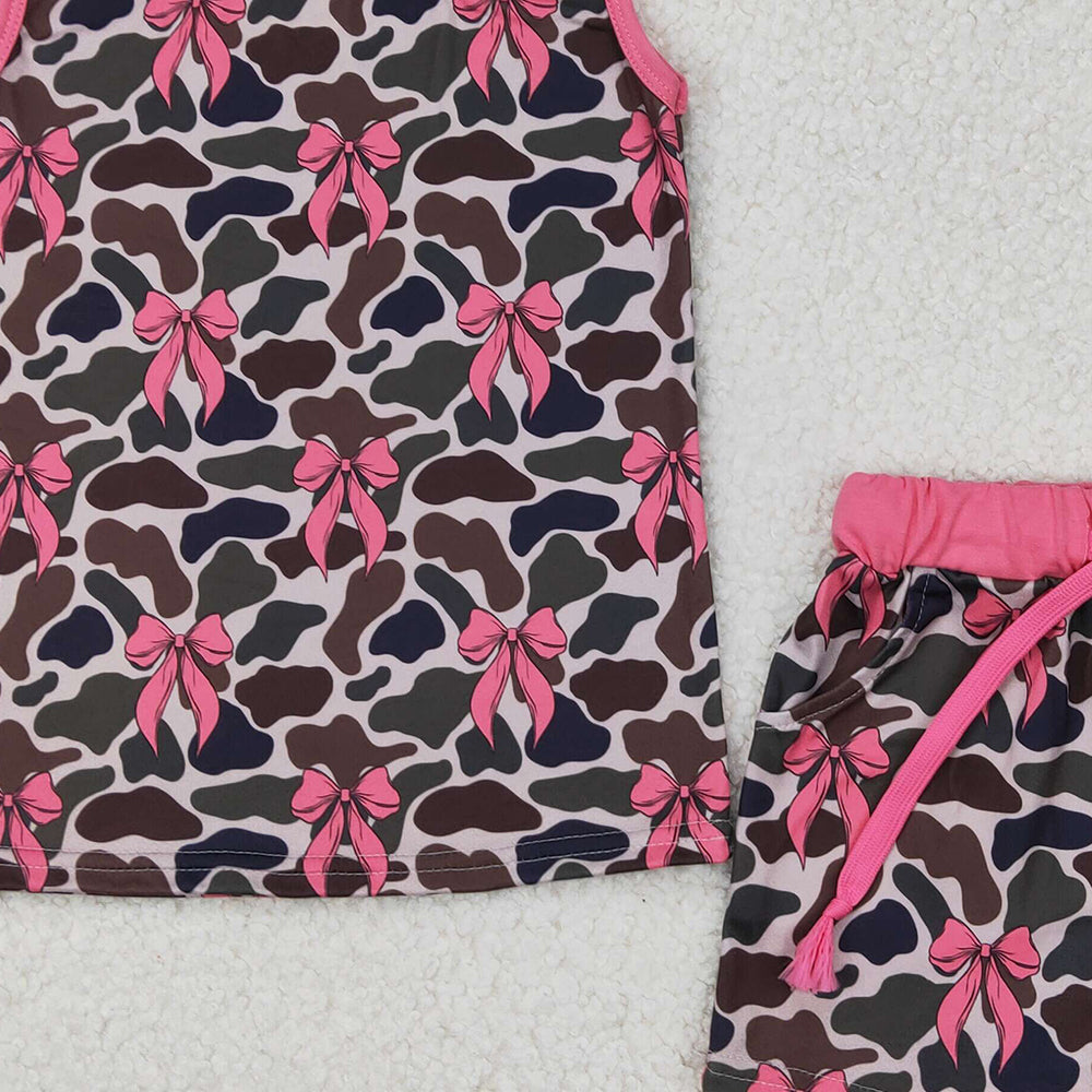 6.24  GSSO2083 RTS NO MOQ Sleeveless pink bow camo top shorts girls clothes