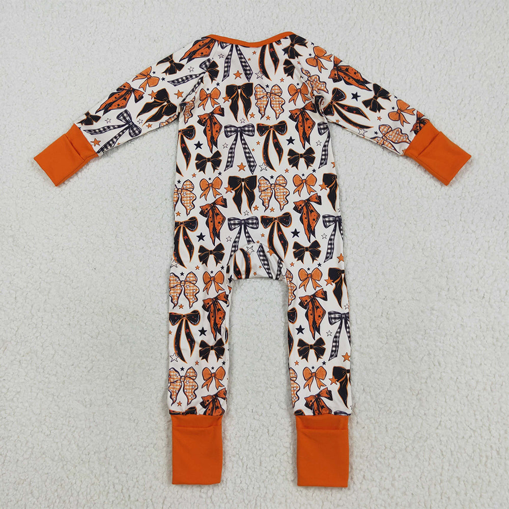RTS NO MOQ （In stock）LR2409 Baby Boys Winter Rompers Baby Boys Orange Black Bows Stars Halloween Zipper Footie Rompers