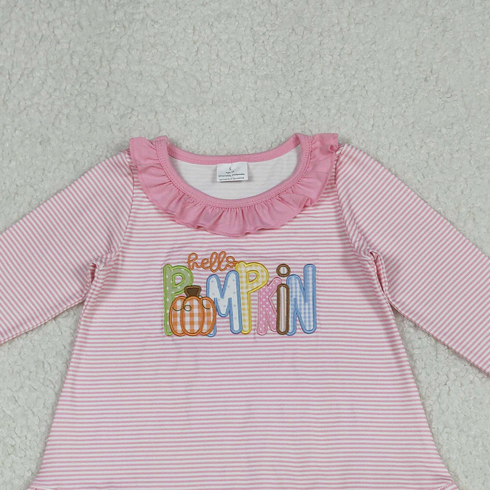 10.1 RTS NO MOQ （In stock）GT1183 Baby Girls Long Sleeve Tops Embroidery Pumpkins Baby Girls Pink Stripe Fall Tee Shirts Top