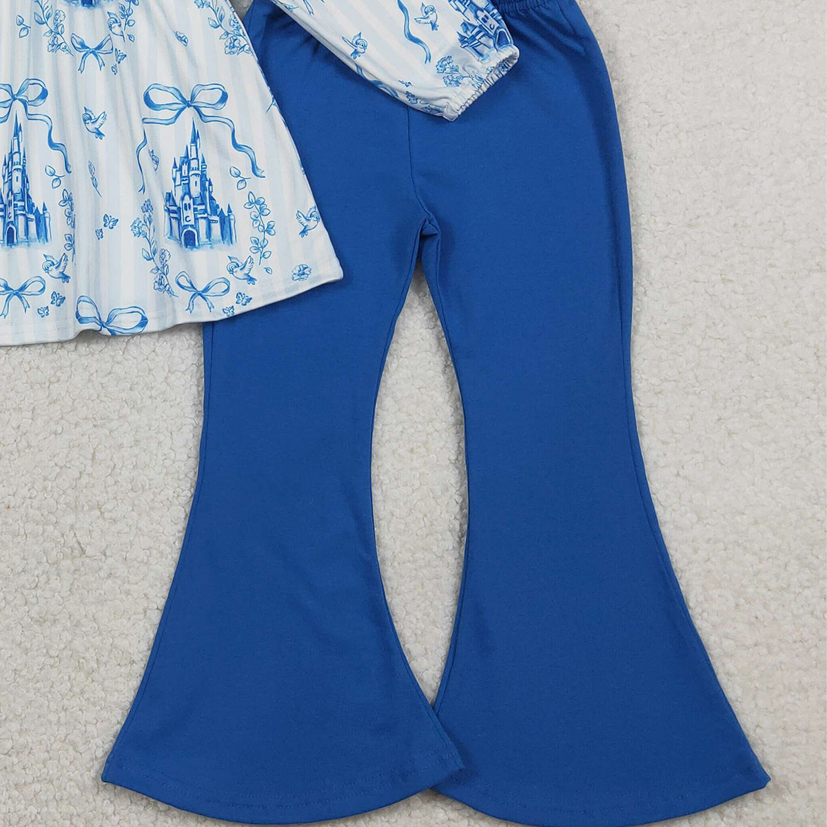 1.14 RTS NO MOQ （In stock）GLP3283 Baby Girls Blue Stripe Bows Castles Tunic Bell Bottom Pants Clothes Sets