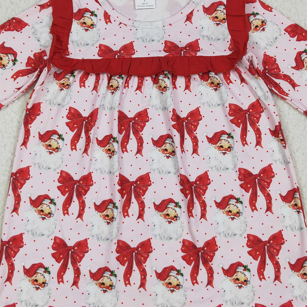 GLD1047RTS NO MOQ Baby Girls Winter Dress Baby Girls Long Ruffle Sleeves Red Santa Bows Knee Length Dresses