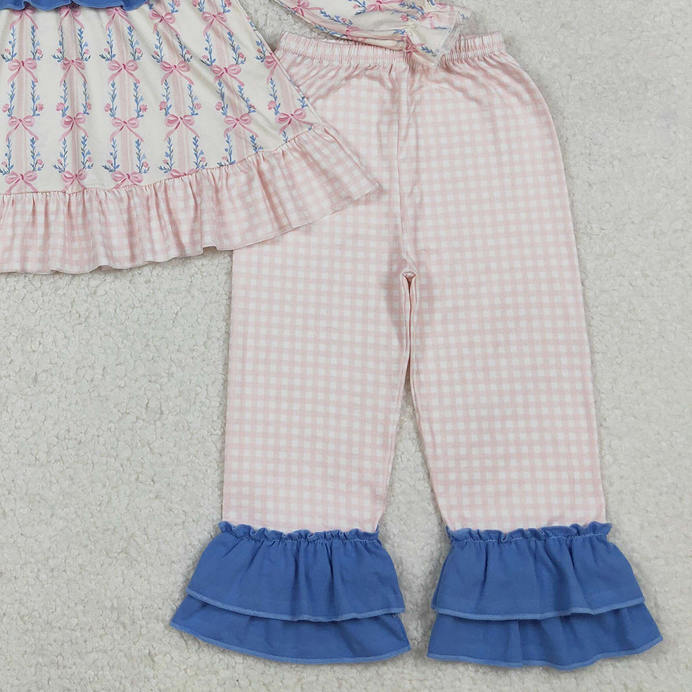 RTS NO MOQ （In stock）GLP2379 Baby Girls Winter Outfits Long Sleeves Pink Floral Stripe Tunic Ruffle Pants Set