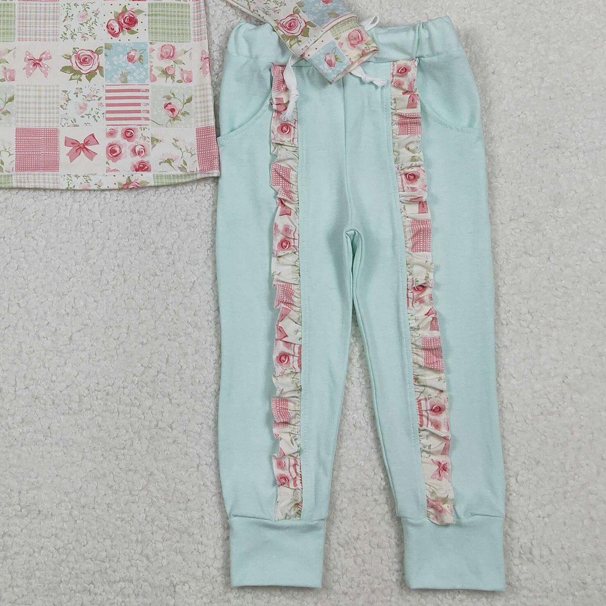 10.27 RTS NO MOQ （In stock）GLP2551 Baby Girls Flowers Checked Bows Top Ruffle Pockets Pants Clothes Sets