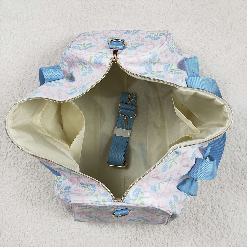 USA Shop (in stock)BA0294Light Blue Floral Bow Women Duffel Bag Ruffle Band Stylish Casual Canvas Tote for Travel And Leisure