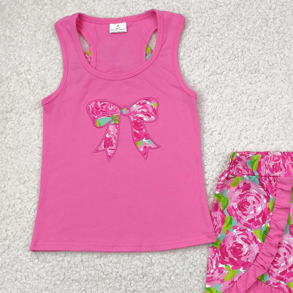 7.15 GSSO1605 RTS NO MOQ Baby Girls Summer Outfits Embroidered flower leaf bow rose red vest shorts set