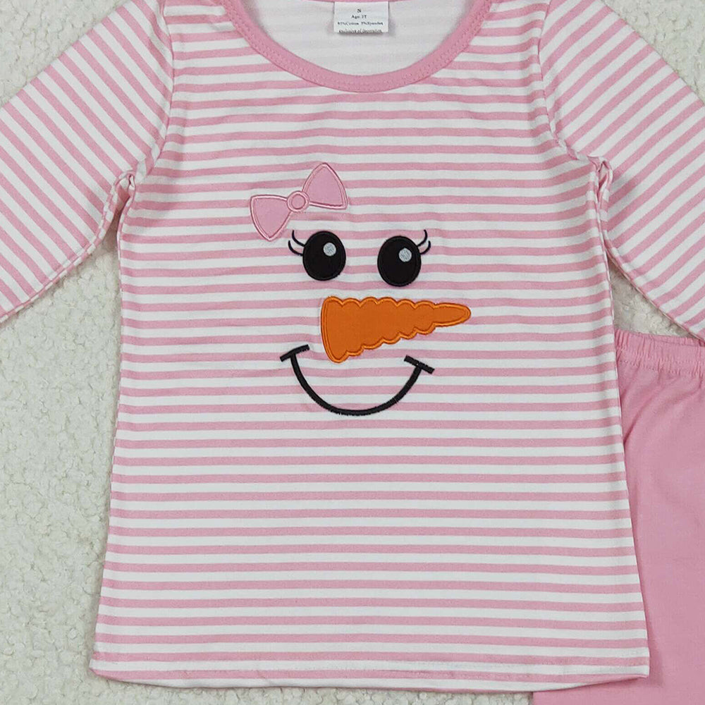 RTS NO MOQ （In stock）GLP2520 Baby Girls Winter Outfits Embroidery Baby Girls Christmas Pink Stripe Bow Snowman Top Pants Pajamas