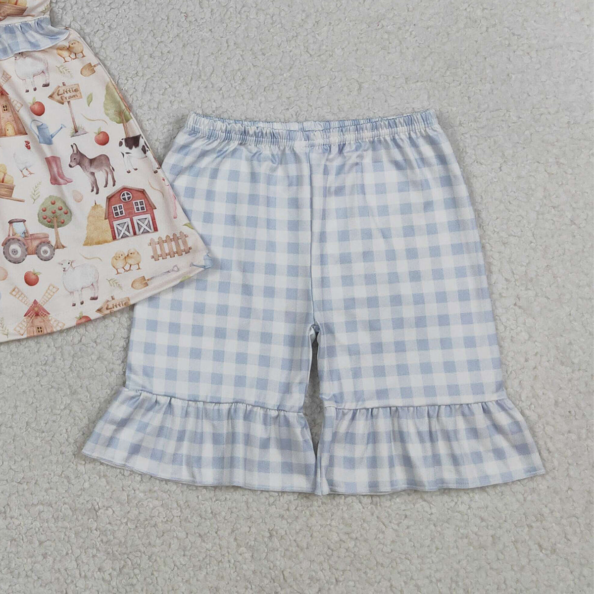 4.7 GSSO3077 RTS NO MOQ （In stock ）Baby Girls Sleeveless Pigs Cows Tunic Ruffle Checked Shorts Farm Clothes Sets