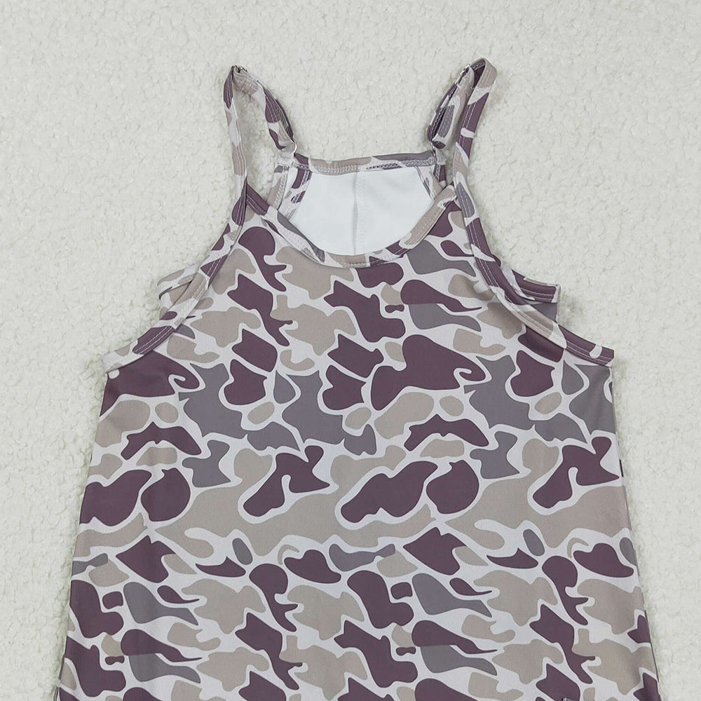RTS NO MOQ （In stock）GSD2719 Baby Girls Yoga Dress Gray Camo Knee-Length Dress with Pockets Strap Yoga Dress for Girls