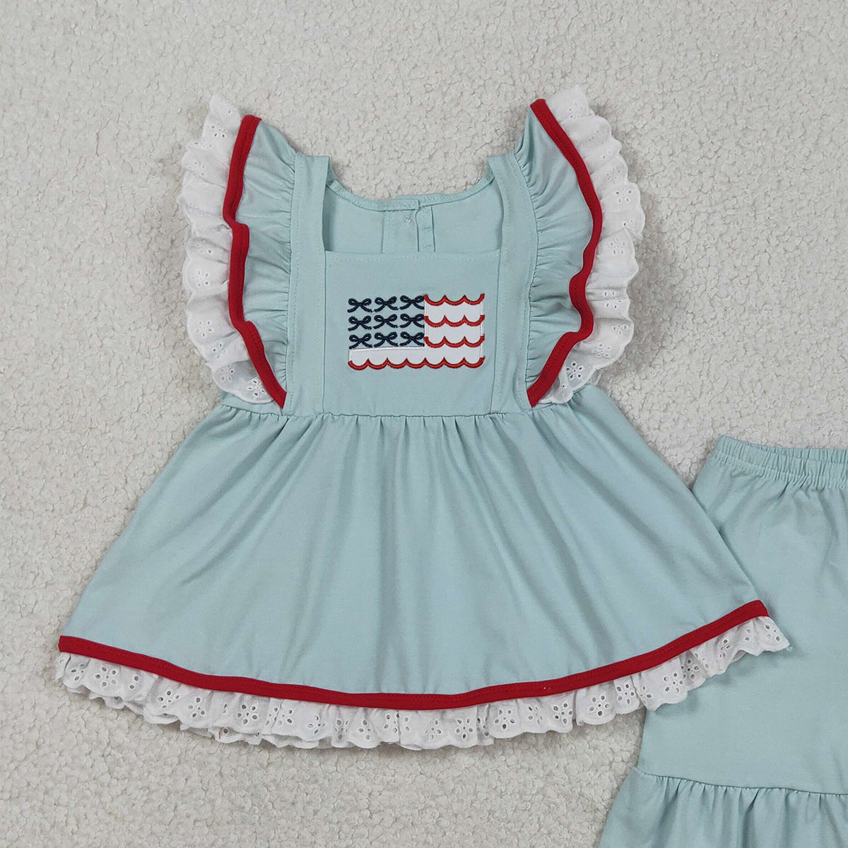 3.18 RTS NO MOQ （In stock）GSSO2926 Kids Clothing for Baby Girls Flutter Sleeve Embroidery Flags Tunic Ruffle Shorts 4th of July Clothes Sets