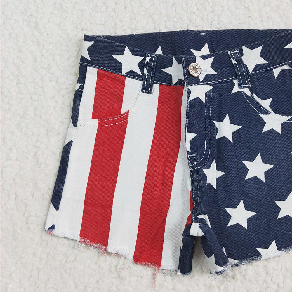 SS0168 RTS NO MOQ  Baby Girls Denim Pants Baby Girls 4th Of July Stripes Stars Denim Shorts