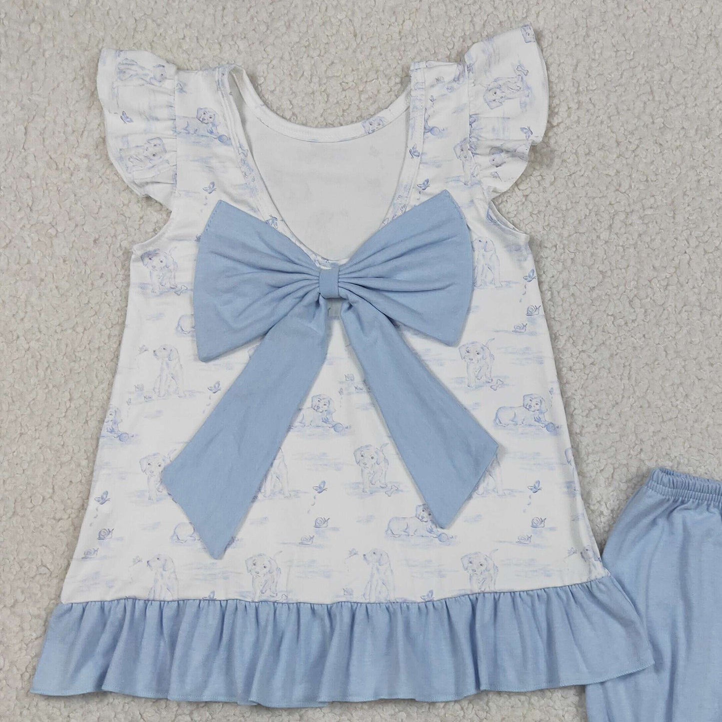 GSSO3061 RTS NO MOQ （In stock ）Flutter sleeves light blue dog ruffle bow top shorts girls outfits