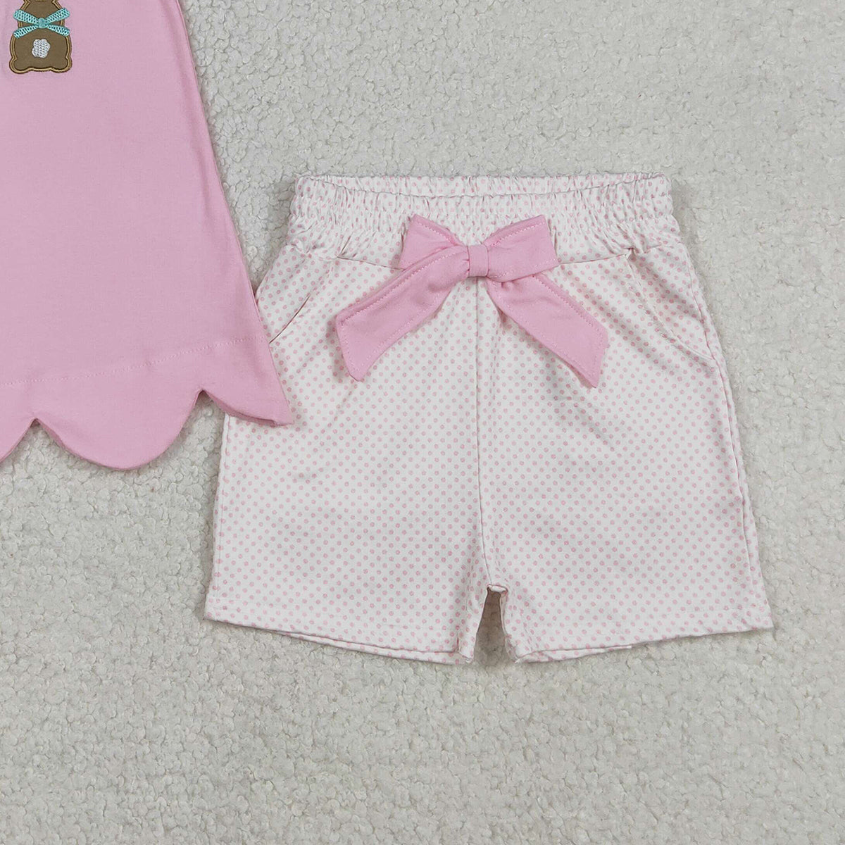 1.7 RTS NO MOQ （In stock）GSSO2829 Embroidery Rabbits Baby Girls Tunic Pockets Shorts Easter Clothes Sets