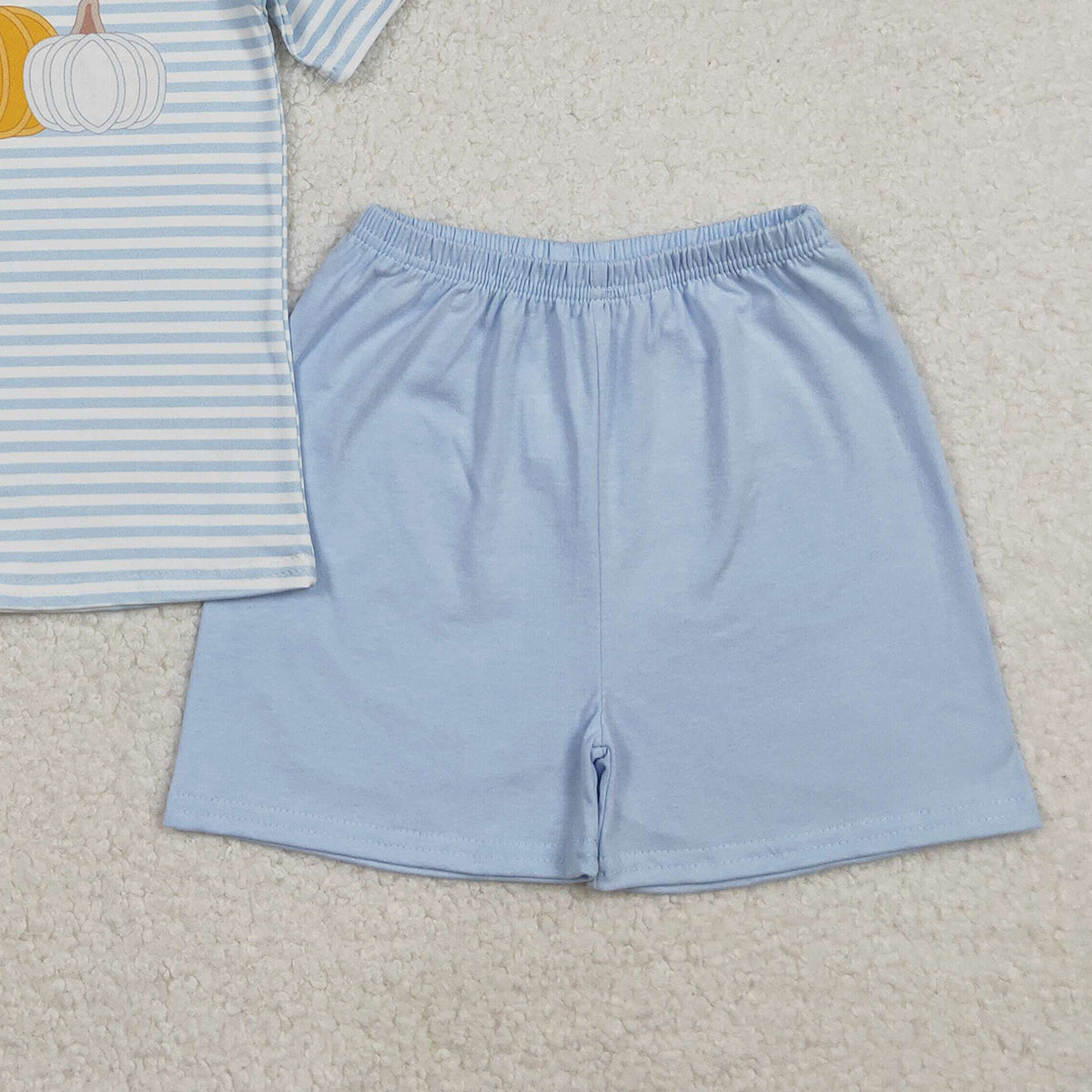 10.14 RTS NO MOQ （In stock）BSSO1548 Baby Boys Winter Outfits Baby Boys Blue Stripes Pumpkins Top Shorts Fall Clothes Set